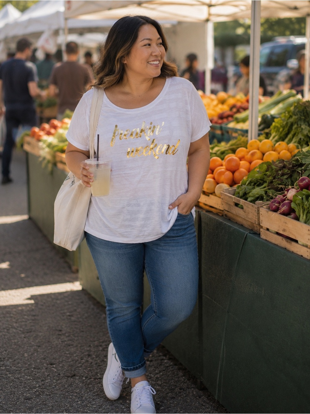 Lane Bryant White Tee with Gold Foil "Freakin' Weekend" Graphic